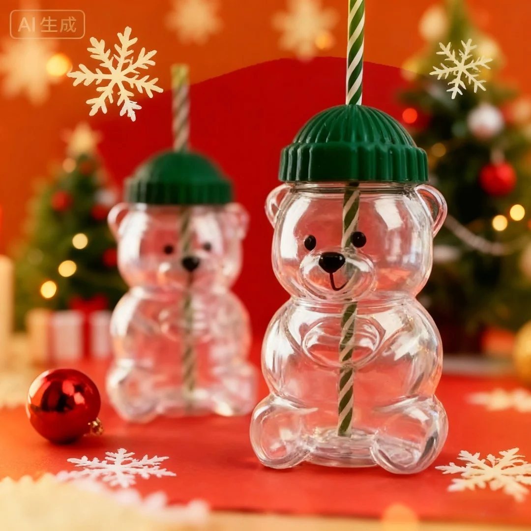 

2026 Новая прозрачная стеклянная бутылка с медведем, Рождественский подарок для друга, праздничный подарок, чашка для напитков с милыми животными и зеленой крышкой