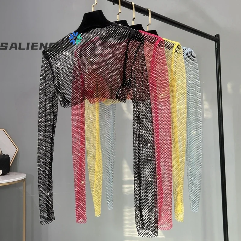 Saliency Summer Colorful Diamonds Top Sexy Mesh Hollow Out Long Sleeve Crop Top Glitter Party Shirt