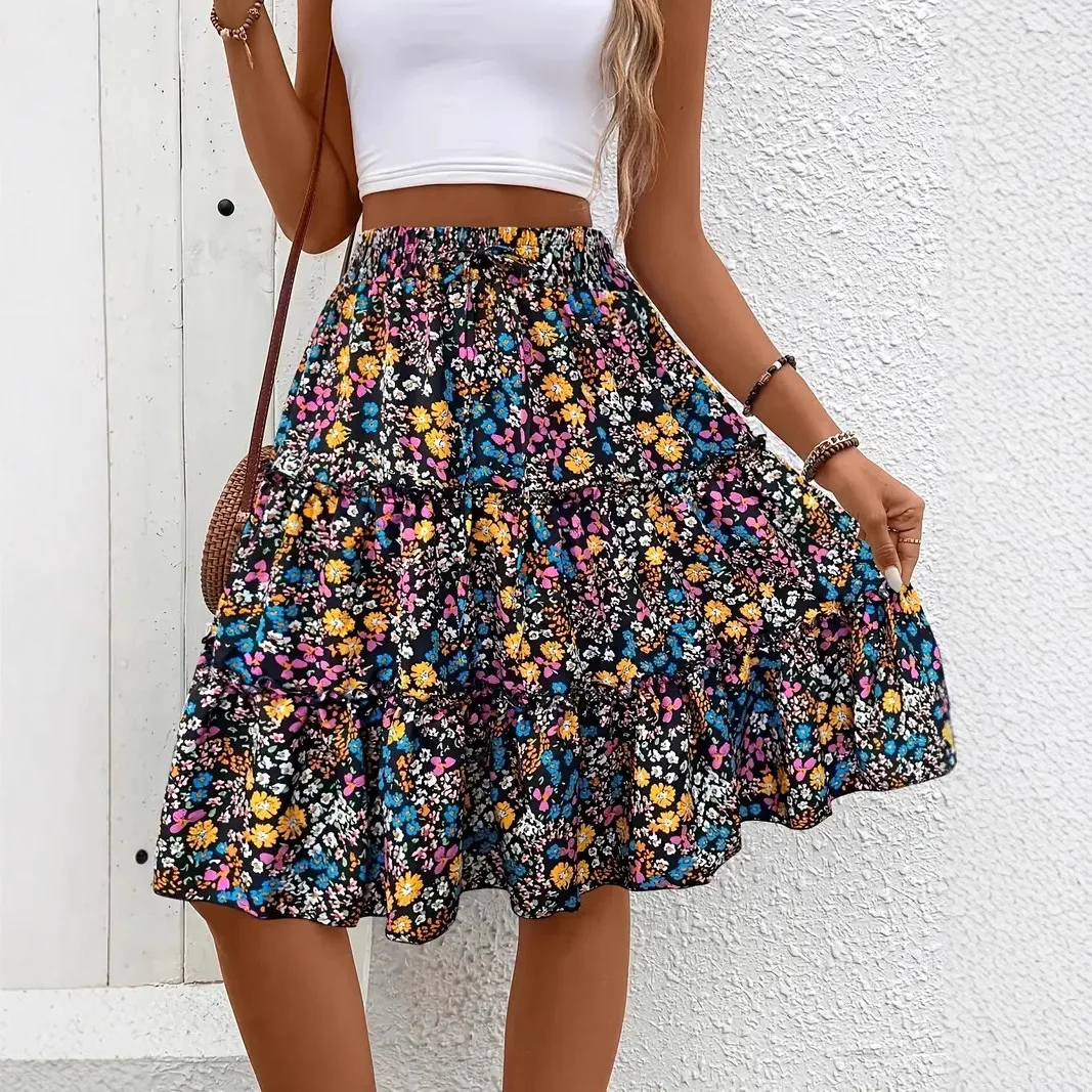 Floral Boho Skirt Summer Spring Women Skirts Tiered Ruffle Hem Bohemian Maxi Skirt Beach Party Matching Set