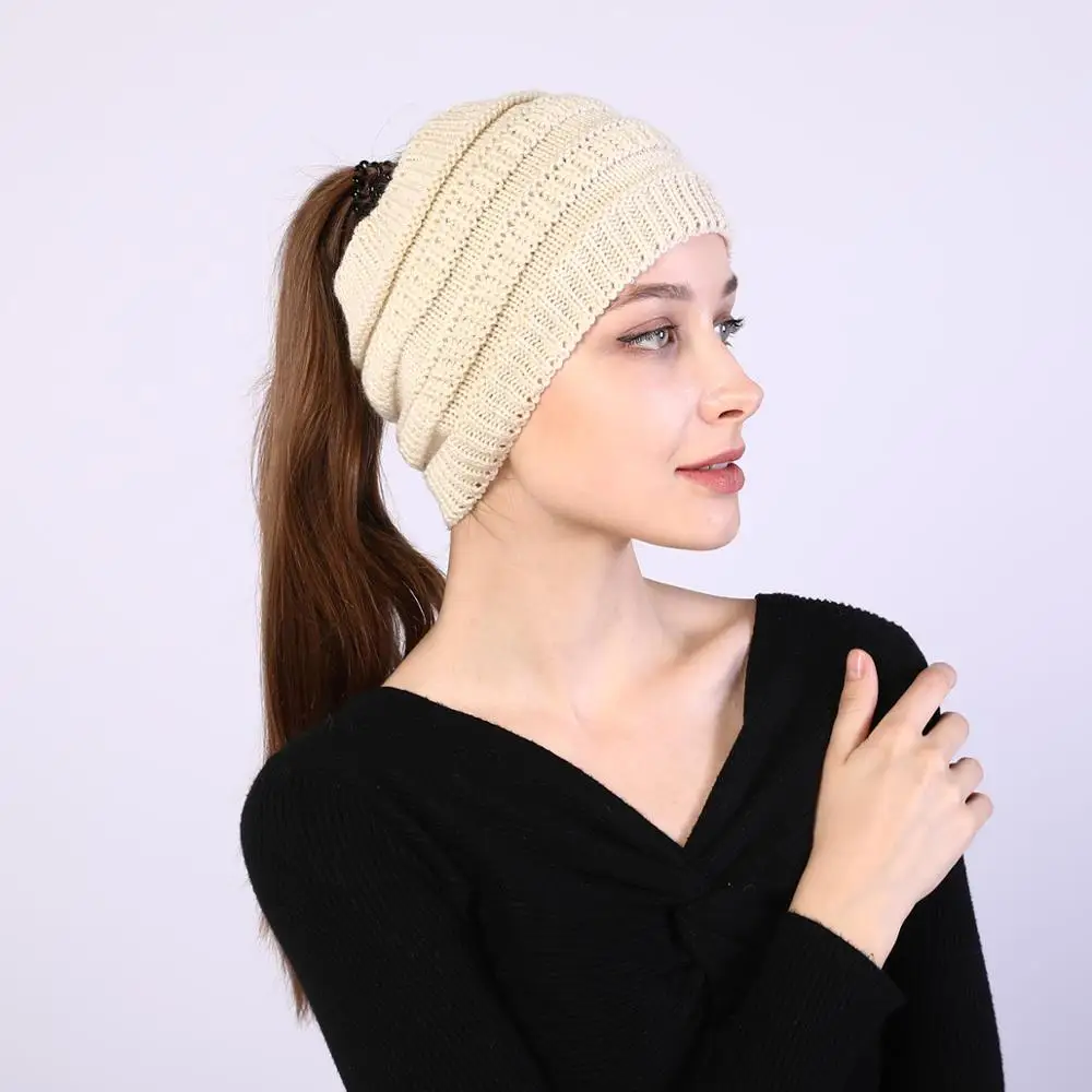 Women Hats Autumn Winter Ponytail Beanie Hat Warmer Solid Color Lady Stretch Knitted Crochet Beanies Hats Cap for Women Skullies