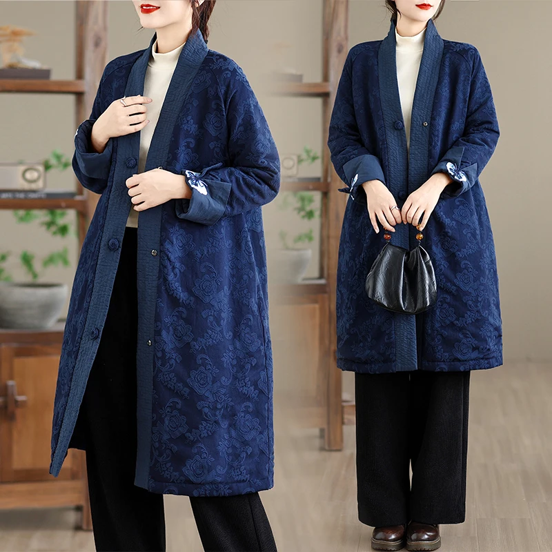 

Thiened Cotton Autumn Winter Jaet Embroidered Flannel Lined Medium Length Loose Fit plus Size Hanfu Women's Clothing