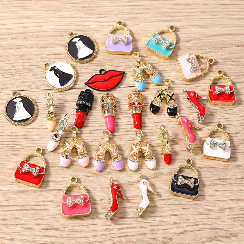 

Tusember 10pcs Cute Crystal Lipstick Handbag Ballet Shoes High Heel Charms Pendant for Necklaces Earrings Bracelets Craft