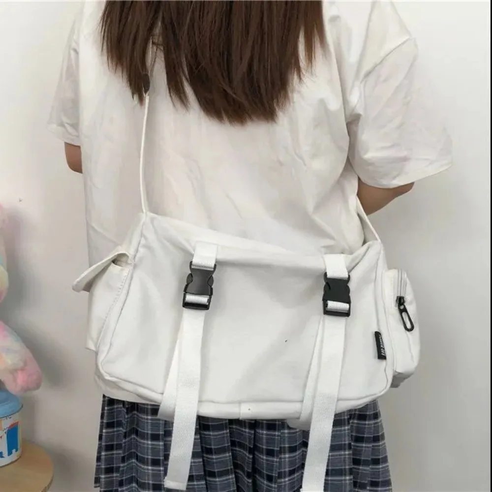 Trend Nylon Black Crossbody Bags Zipper Square Shape Pockets Canvas Tote Pocket Retro Cross-body Bag