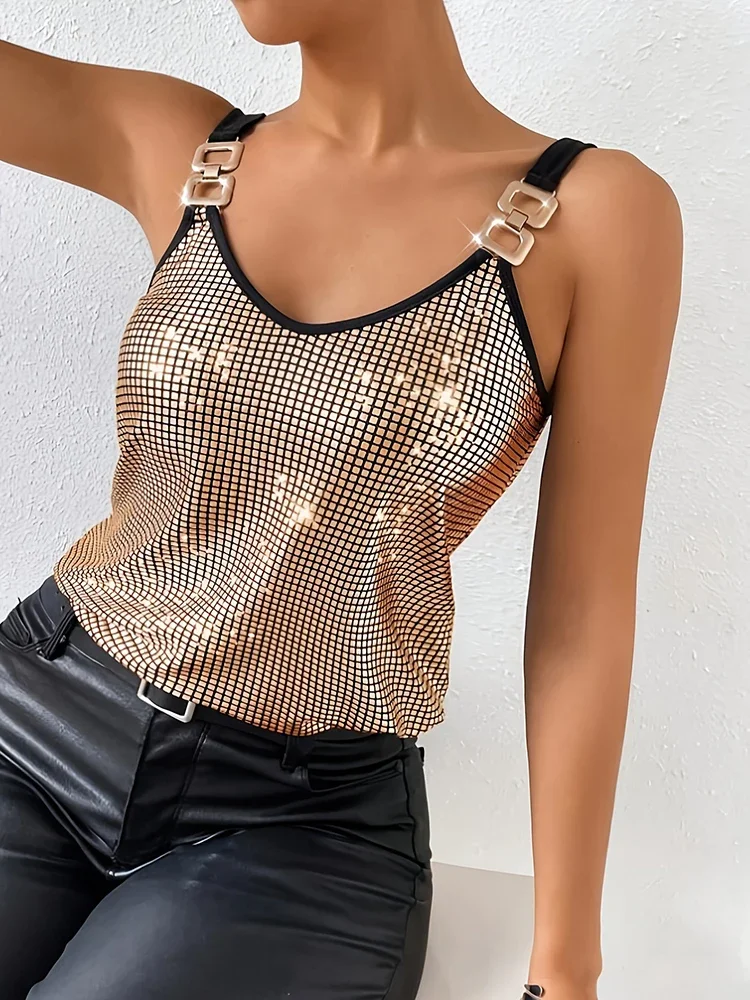 Women Sleeveless Sequined Nightclub Tank Top Fashion Chic Sexy Shiny Camis 2025 Female Summer Street  Y2k Silver Halter Tops