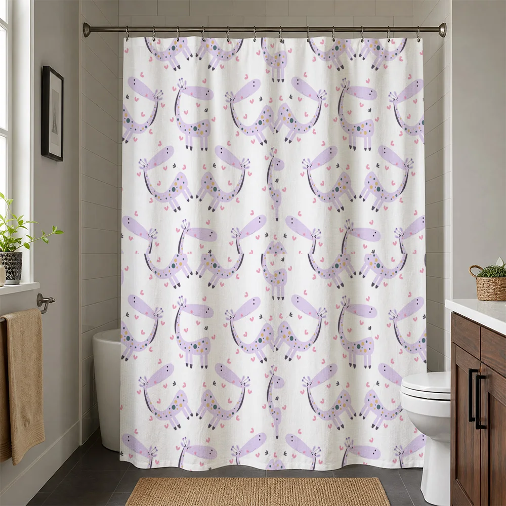 adorable Waterproof Shower Curtain with Hippos Cartoon Pattern Cute Nursery Kids Bathroom Decor Polyester Shower Liner Pink Purp