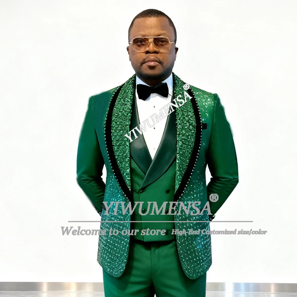

Exclusive Beaded Crystals Suit Attire For Men Sparkling Sequins Label Prom Blazers Customized 3 Pieces Sets Groom Wedding Tuxedo