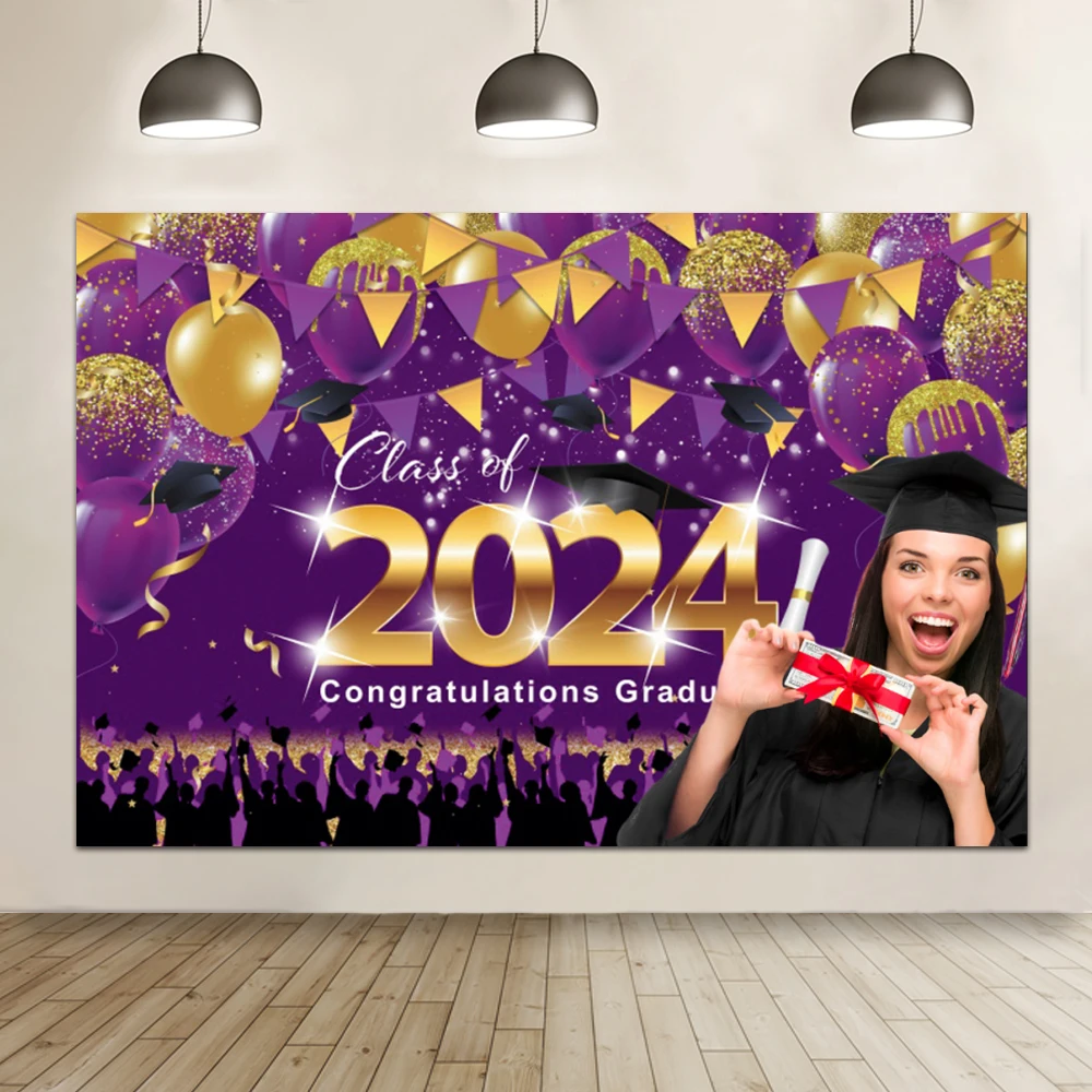 Laeacco Graduation Class of 2024 Backdrop for Photo Glitter Balloons Congrats Grad Party Photography Background Photo Studio