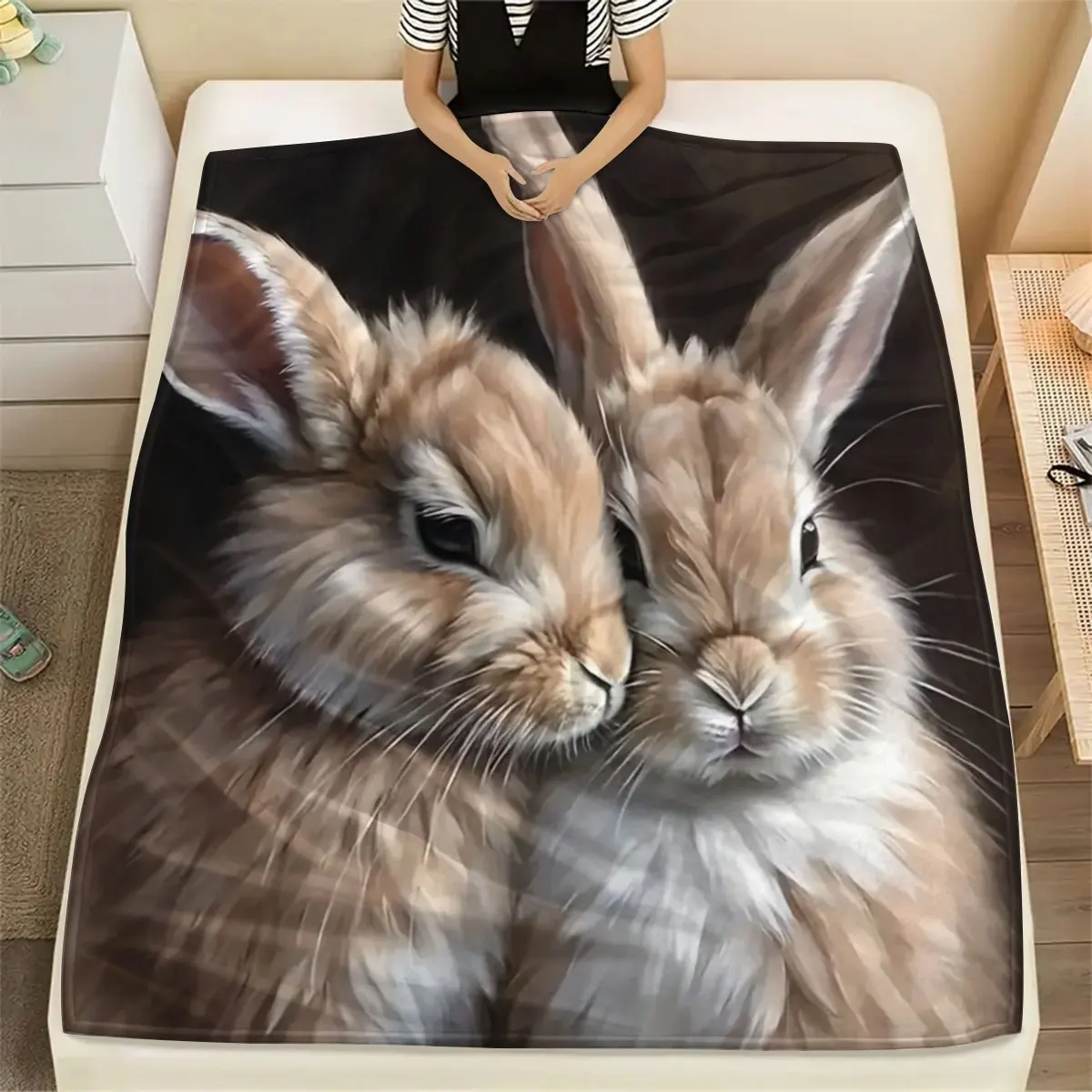 Lovely Two Fluffy Bunnies Close‑up Portrait Sweet Pet Rabbit Dark Background Pattern Flannel Blanket Warm Printed Throw Blanket