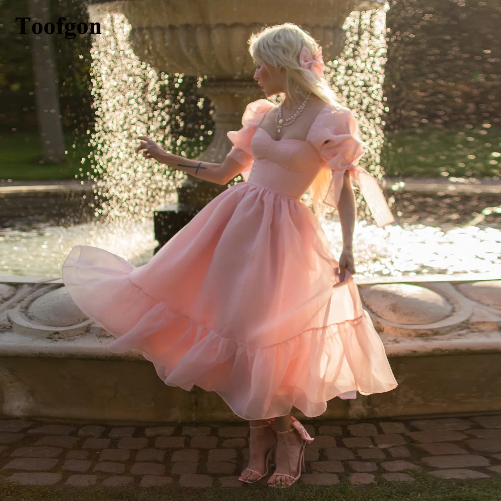 Toofgon-Robe de Bal Midi en Organza Rose pour Femme, Tenue de Soirée Plissée à Manches Courtes, Zones pour Occasions Spéciales