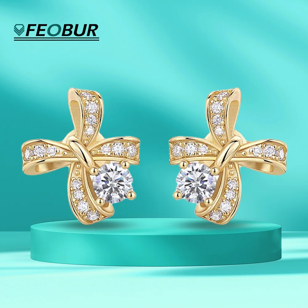 

0.3ct Moissanite Bowknot Stud Earrings for Women 925 Sterling Silver Plate 18K Gold Drop Earring Jewelry Girl Birthday Gift