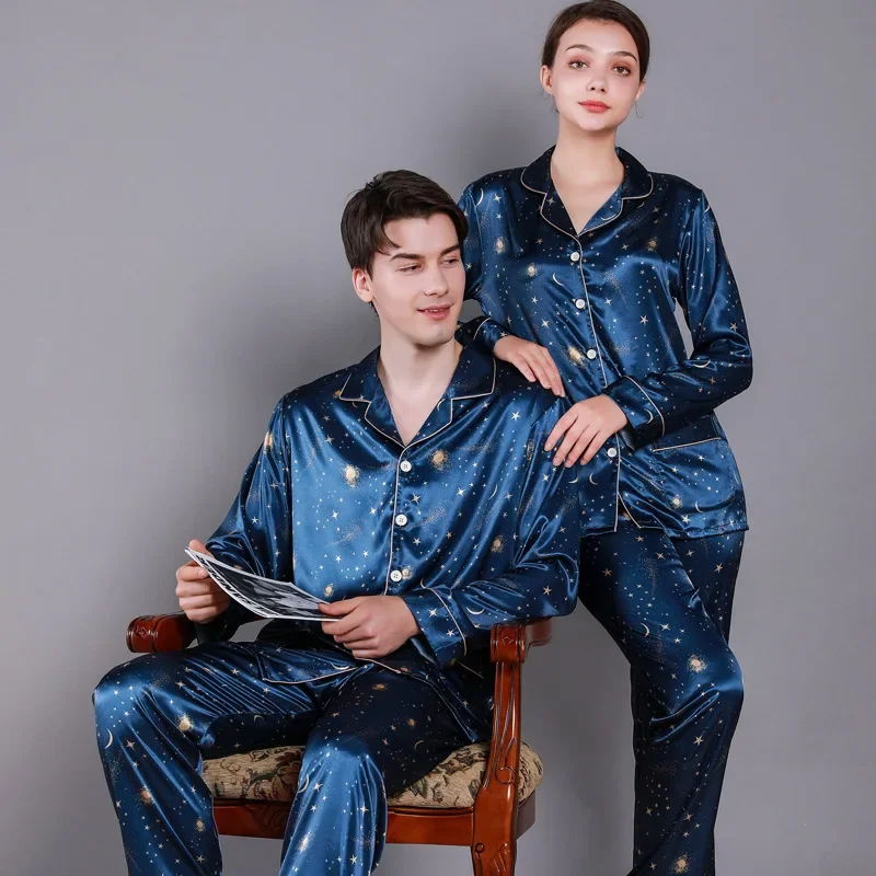 Satin Silk Pajamas for Couples Loose Casual Print Pijamas Women Sets Luxury Jacquard Sleepwear Soft Skin-friendly Pyjama for Men