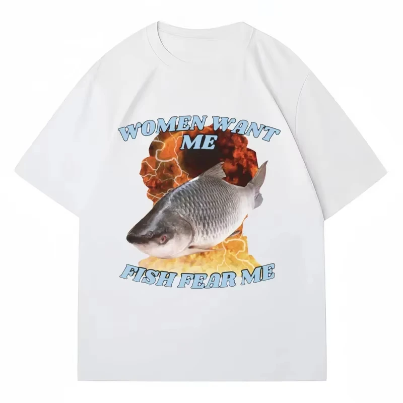 

Funny Woman Want To Eat Fish Afraid of Me Funny Funny Emoji Graphic Fashion Harajuku Fishing Men's Women's Oversized T-shirt Top