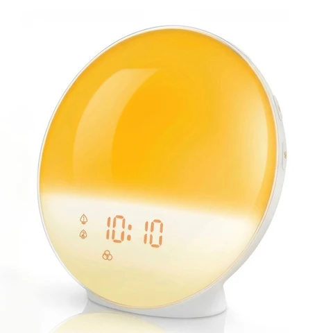Despertador com luz de acordar, simulação de nascer do sol/pôr do sol, alarmes duplos, rádio FM, luz noturna, 7 cores, sons naturais, snooze