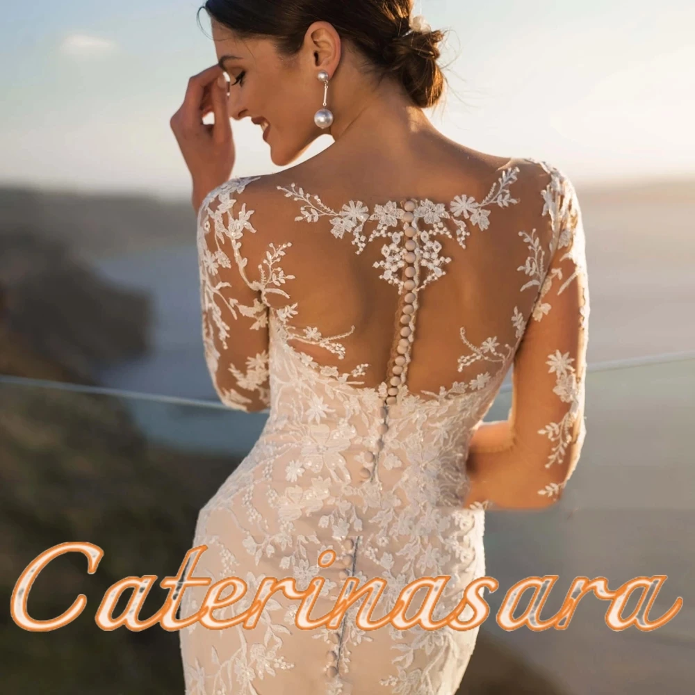 Splendido abito da sposa a sirena a maniche lunghe con applicazioni di pizzo per la sposa 2023 decorazione con bottoni Illusion Back Vestido De Novia