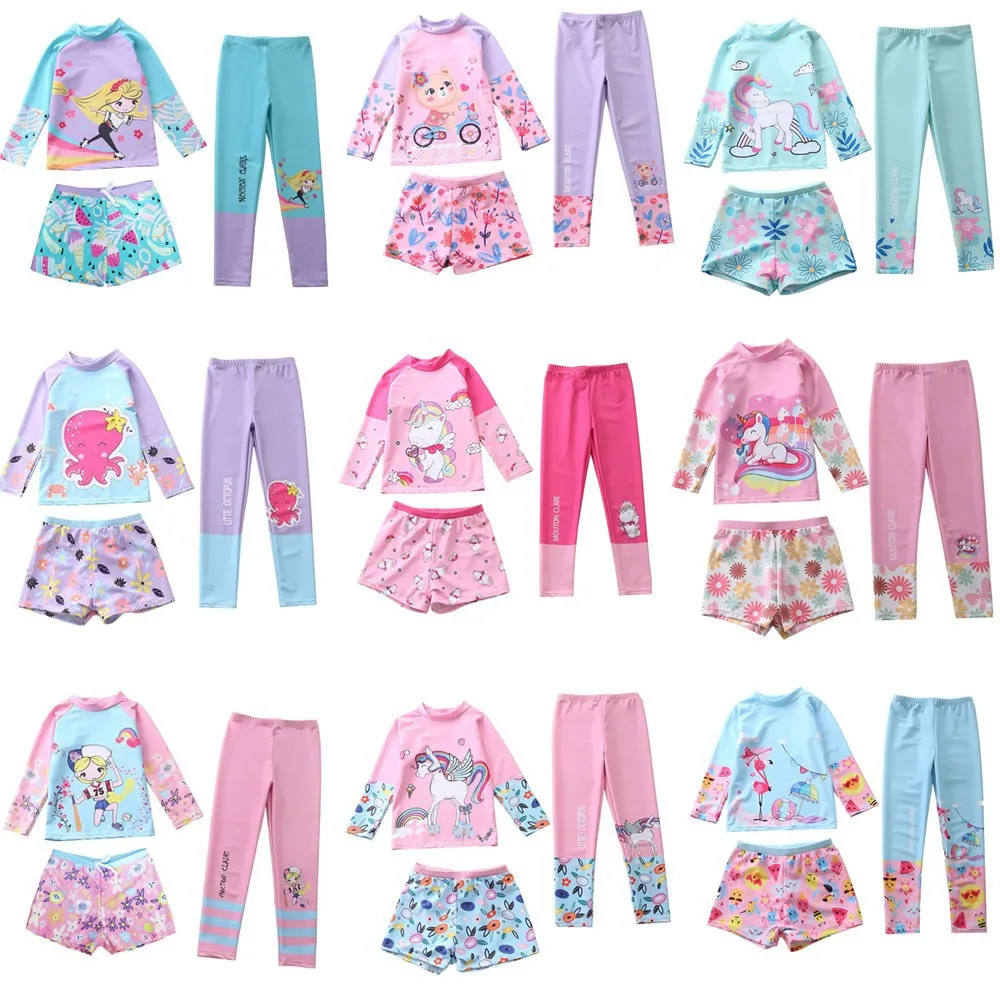 HappyFlute New Kids Swimsuit Cute Printed Girls Swimwear 3Piece With Long Sleeve Sun Protection Children Summer Beach Cloth