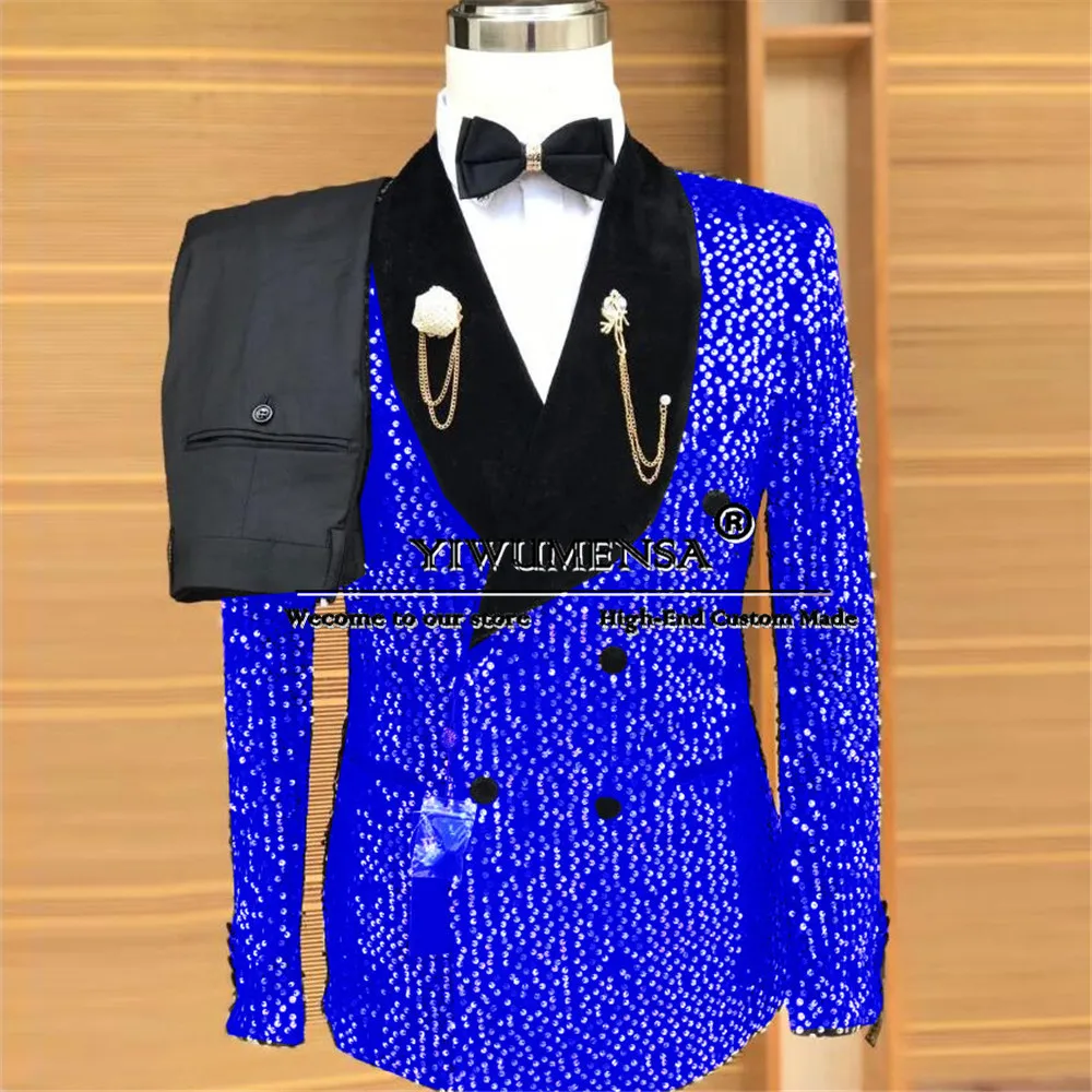 Purple Sequins Suits Men For Wedding Double Breasted 2 Pieces Groom Wear Tuxedo (Jacket Pants）Man Banquet Prom Blazer Sparkly