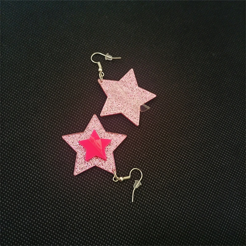 KUGUYS Double Stars Dangle Earring for Women Glitter Pink Acrylic Cute Fashion Jewelry Accessories