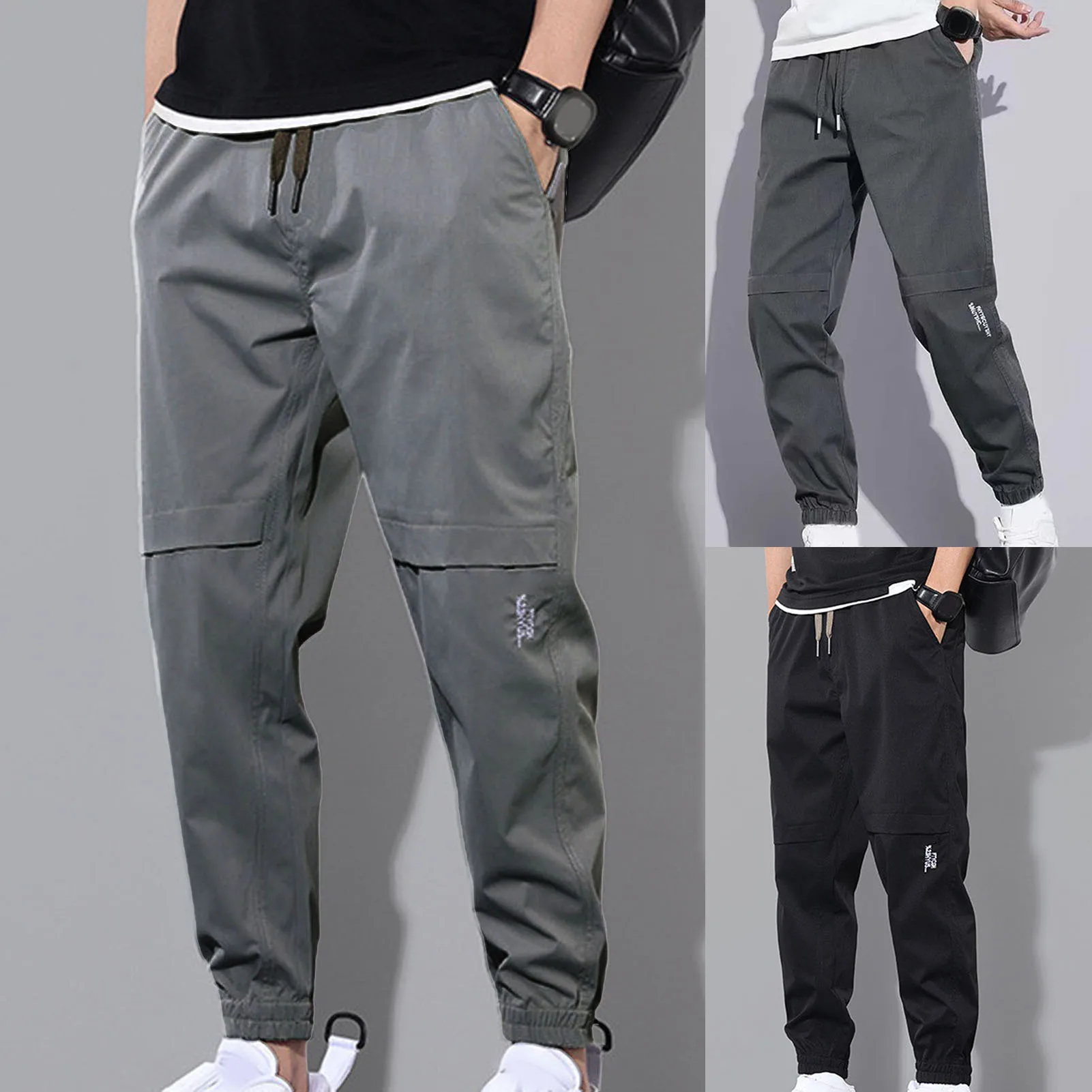 Men Cargo Pants Drawstring Multi Pockets Street Trousers Elastic Waistband Loose Hip Hop Long Trousers Casual Pants Streetwear