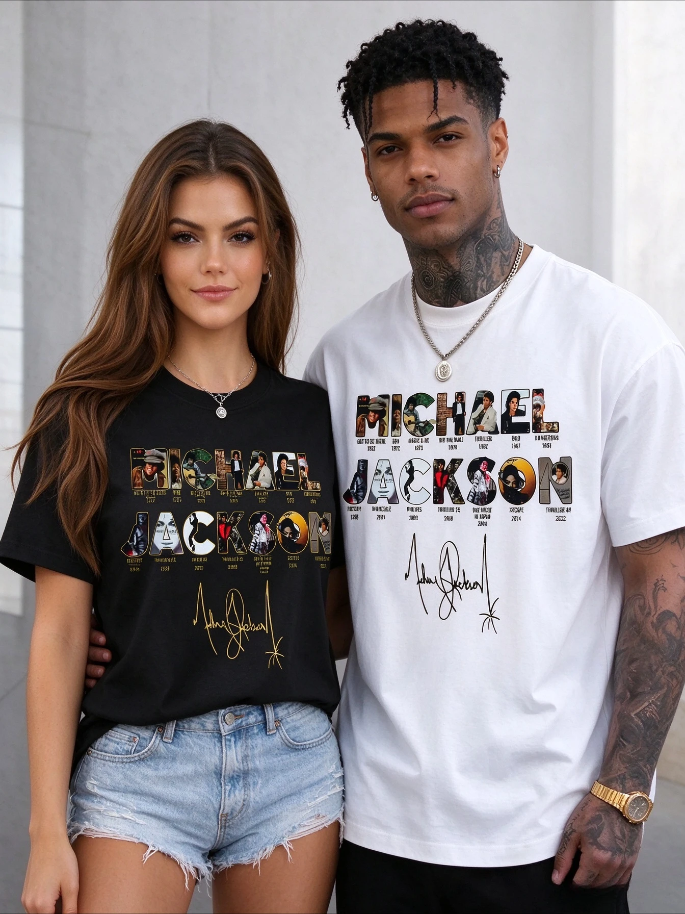 2026 Vintage Pop Music Legend Graphic Tshirt Unisex Michael Jackson Letter Collage Portrait Signature Print O-neck Short Sleeve