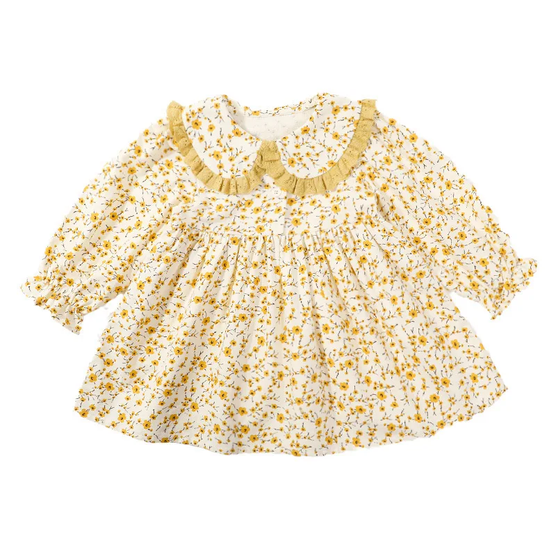 فساتين كاجوال للفتيات فستان ذو طية صدر السترة باللون الأصفر للفتيات من عمر 2 إلى 7 سنوات فستان لطيف للأطفال الصغار فستان فتاة الزهور والزي الكاجوال