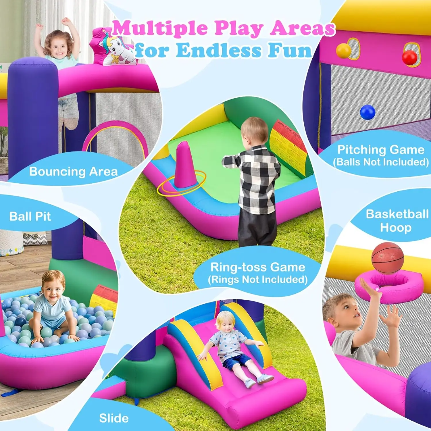 บ้านตีกลับทําให้พอง, ปราสาทกระโดดสําหรับเด็ก 6 ใน 1 พร้อมสไลเดอร์, ห่วงบาสเก็ตบอลและหลุมบอล, เกมโยนแหวนและขว้าง, ในร่ม/กลางแจ้ง