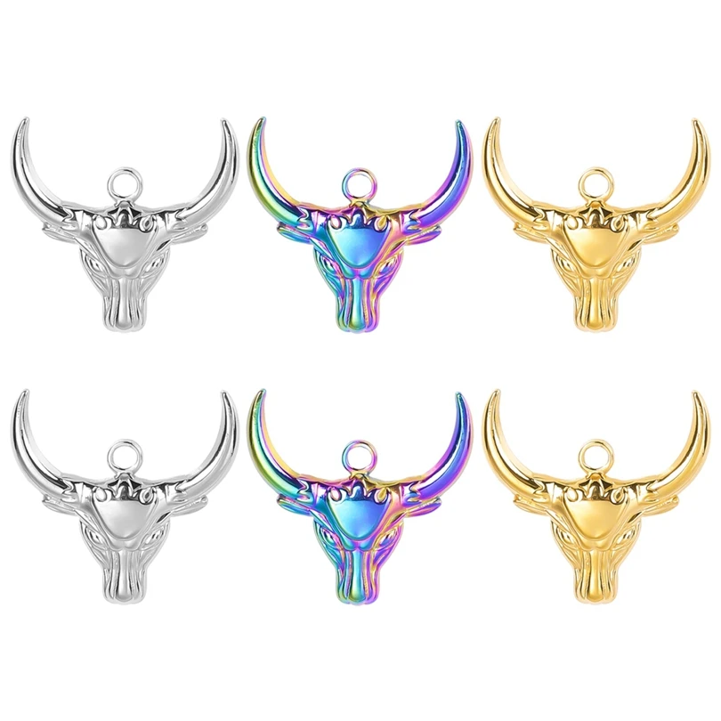 6pcs Stainless Steel Hip Hop Punk Bull Head Charms For Jewelry Making Ox Animal Pendant Necklace DIY Handmade Craft Accessories