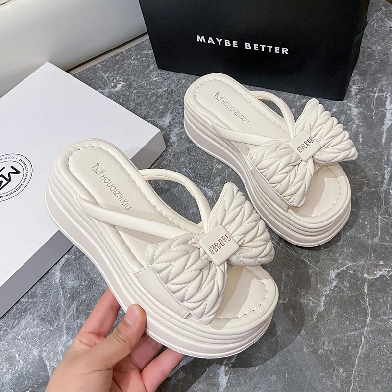

Women's Fashion Thick Sole Slide Sandals with 7cm Height Boost Non-Slip PVC Base Soft Comfortable Bow Design for Daily Wear