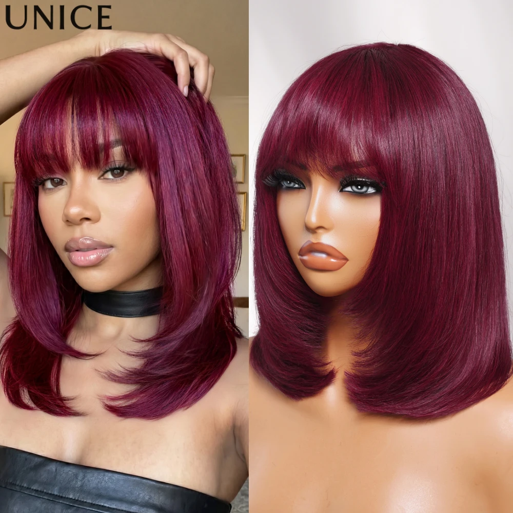 

UNice #99J Burgundy Color Sleek Bob Wig With Wispy Bangs & Face-framing Layers 100% Human Hair Wig Machine Made Glueless Wig
