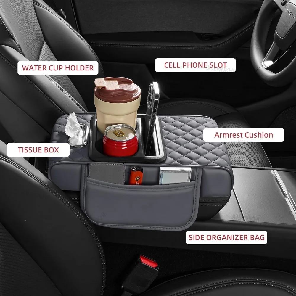 Multifunctional Center Armrest Box Pad 5 in 1 Car Armrest Box Height Pad Tissue Box Storage Bag Cup Holder for Most SUV Sedans