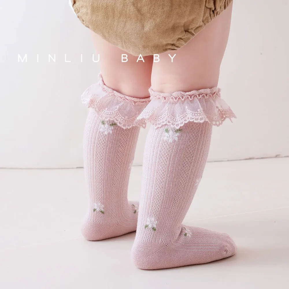 Baby Toddler High Knee Lace Ruffle Socks Summer Hollow Elastic Stockings Infant Kids Girls Sweet Cute Loose Mid-Calf Socks 0-5 Y