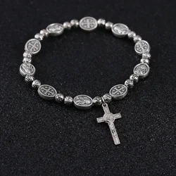 Handmade Rosary Bracelet Elasticated Metal Round Rose Alloy Beads Catholic Saints Images Prayer Car Ornament