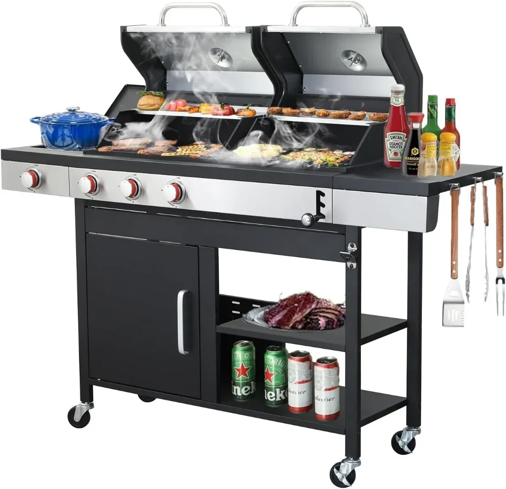 Propane Gas and Charcoal Grill Combo with Side Burner & Porcelain-Enameled Cast Iron Grate, and Double-sided Iron Plate