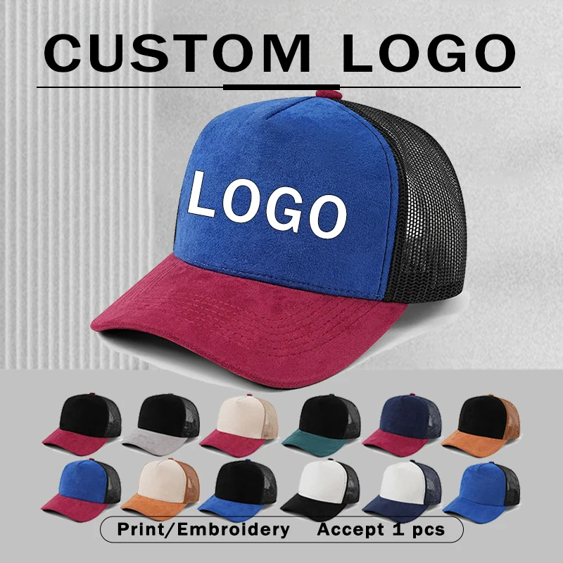 Customized Logo Color Block Suede Trucker Hats Men Women Splicing Mesh Back Baseball Caps Summer Autumn Adjustable Snapback Hat