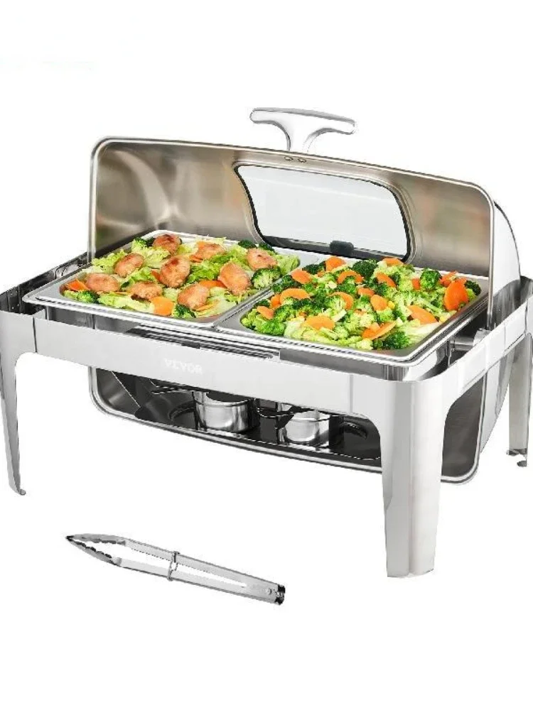 9QT Roll-top Chafing Dish Buffet Set Stainless Steel Chafer w/2 Half Pans Rectangle Catering Warmer w/Lid Fuel Holder