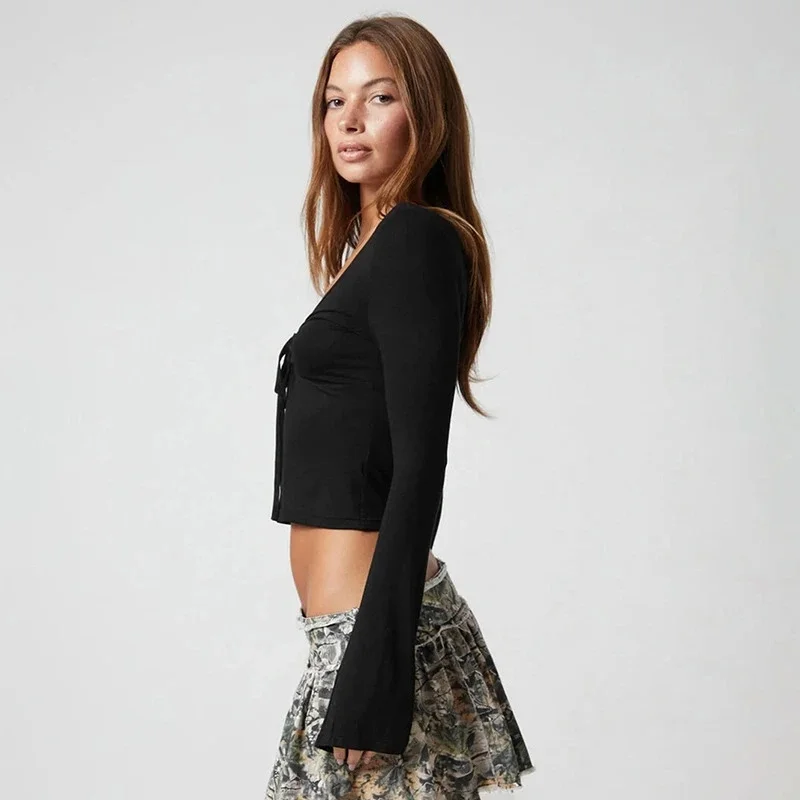 Mulheres outono inverno profundo v pulôver recortado topo ruched gravata frente manga longa sexy para data noite festa streetwear presente para ela