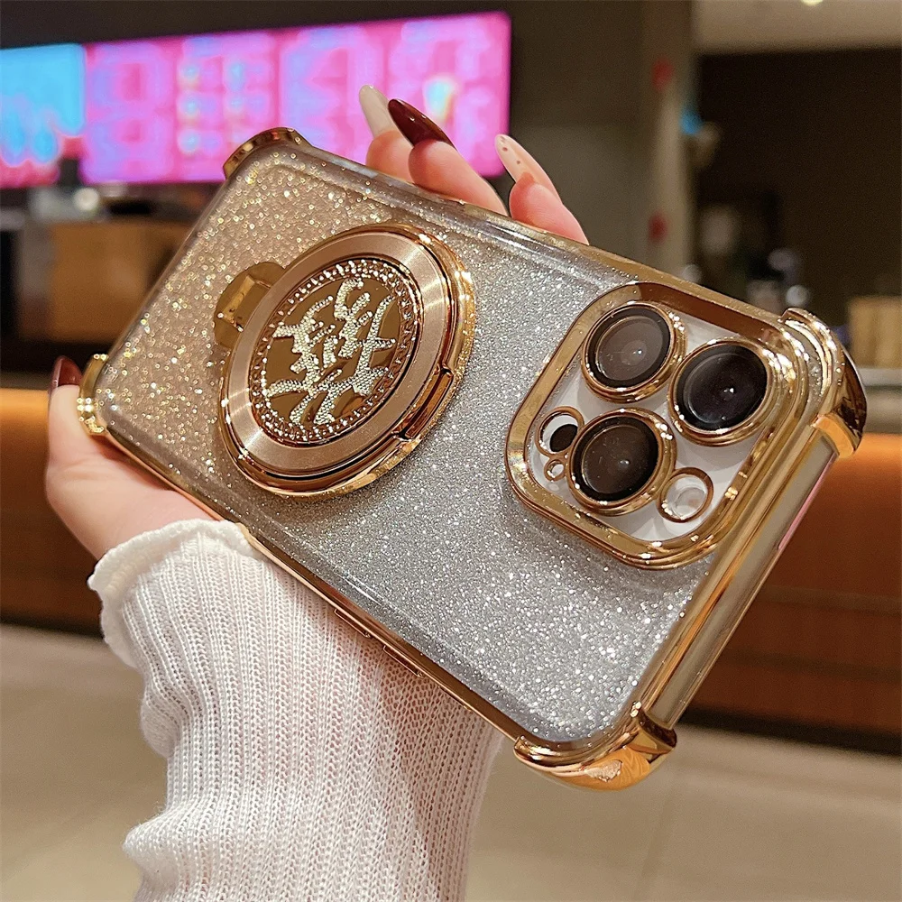 Luxury Wealth Gyro Mount Bracket Case For iPhone 16 15 14 Plus 11 12 13 Pro Max Glitter Shiny Magsafe Stand Soft Shockpoof Cover