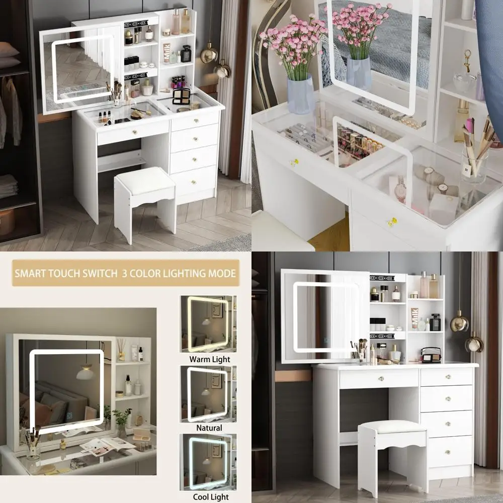 Modern Makeup Vanity Desk with Large Lighted Mirror, Glass Top, Drawers, and Storage for Stylish Dressing