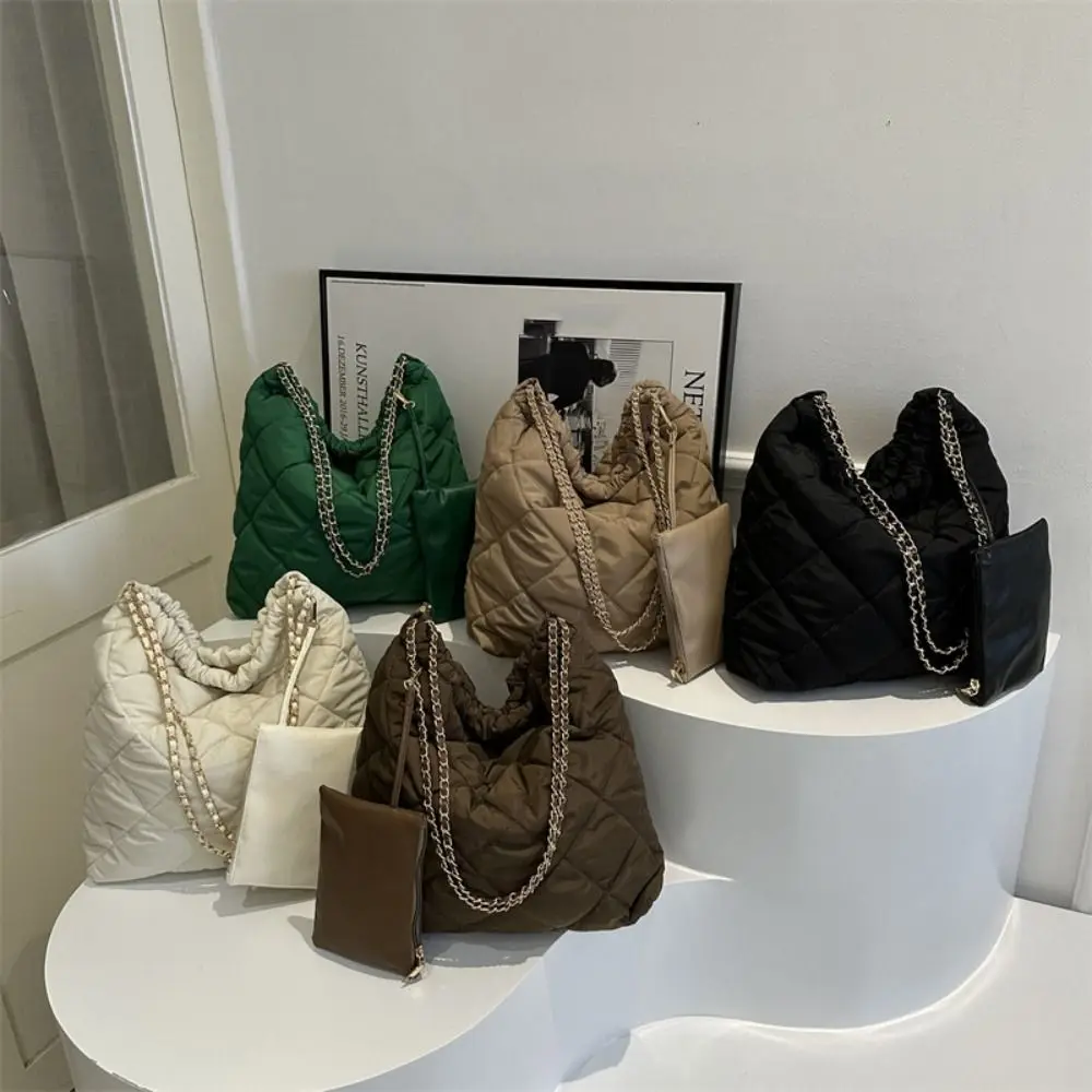 

Korean Style Drawstring Shoulder Bag Checkered Solid Color Cotton-padded Tote Bag Lightweight Large Capacity Nylon Handbag