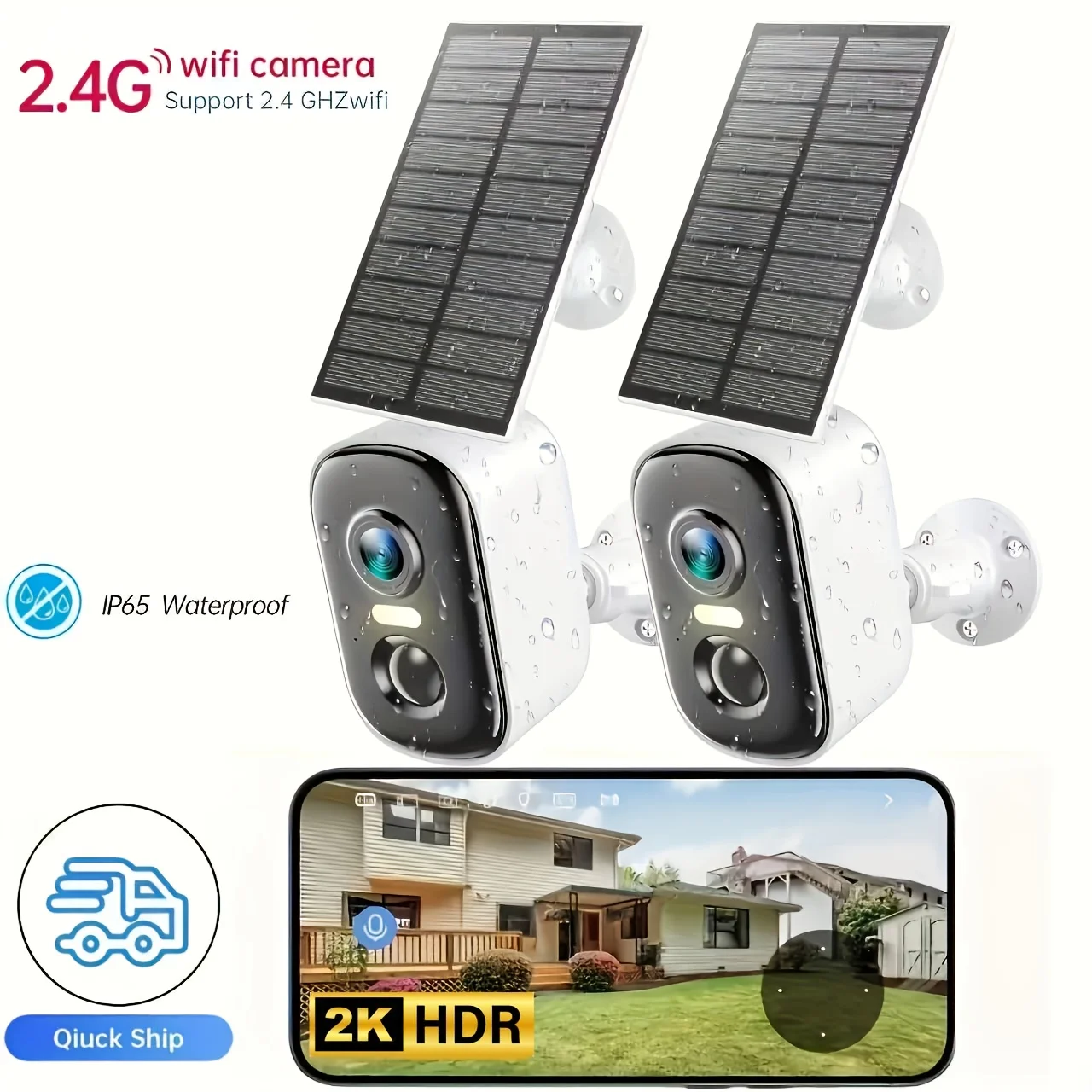 2K Solar Camera Outdoor Wireless, 2.4GWiFi Cameras, 5200mAh Battery, Spotlight Color Night Vision, AI Motion Detection,