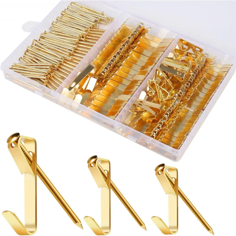 Gold Metal Picture Hanging Kit 20-50 Pieces with Hooks And Nails for Drywall And Wooden Walls 184-304 Hooks per Kit