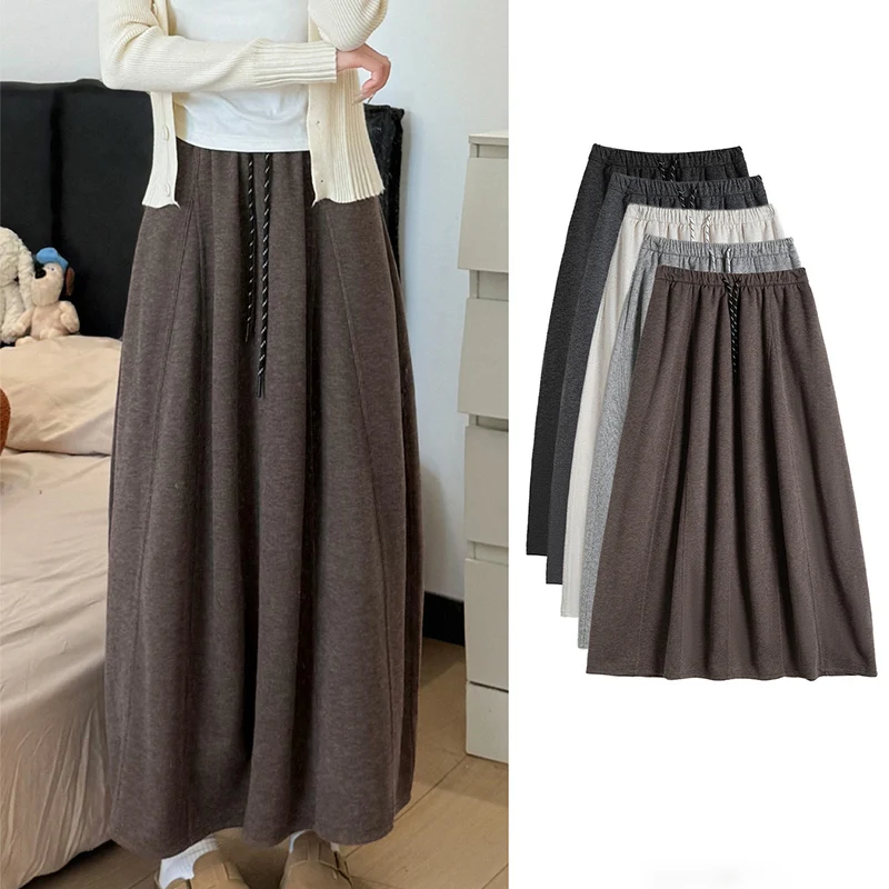

High Waist Drawstring Puffer Long Skirt Women Autumn Winter Warm Knitted Midi Skirts Woman Korean Streetwear Baggy Maxi Skirts