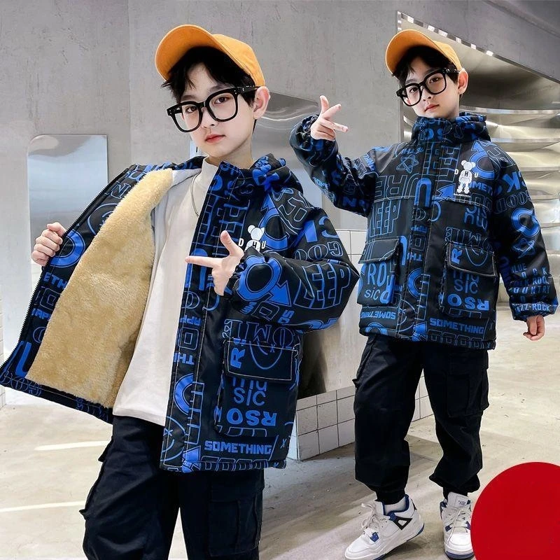 Boys Coat Jacket Cotton Outerwear Windbreak 2023 Graceful Thicken Velvet Winter Warm School Sport Children\'s Clothing