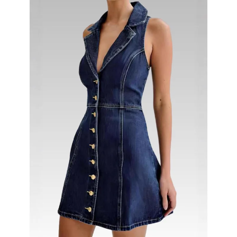 

Slim Fit Denim Dress French Style Temperament Summer Tea Break Neck Strap Women's Clothing Long Skirt