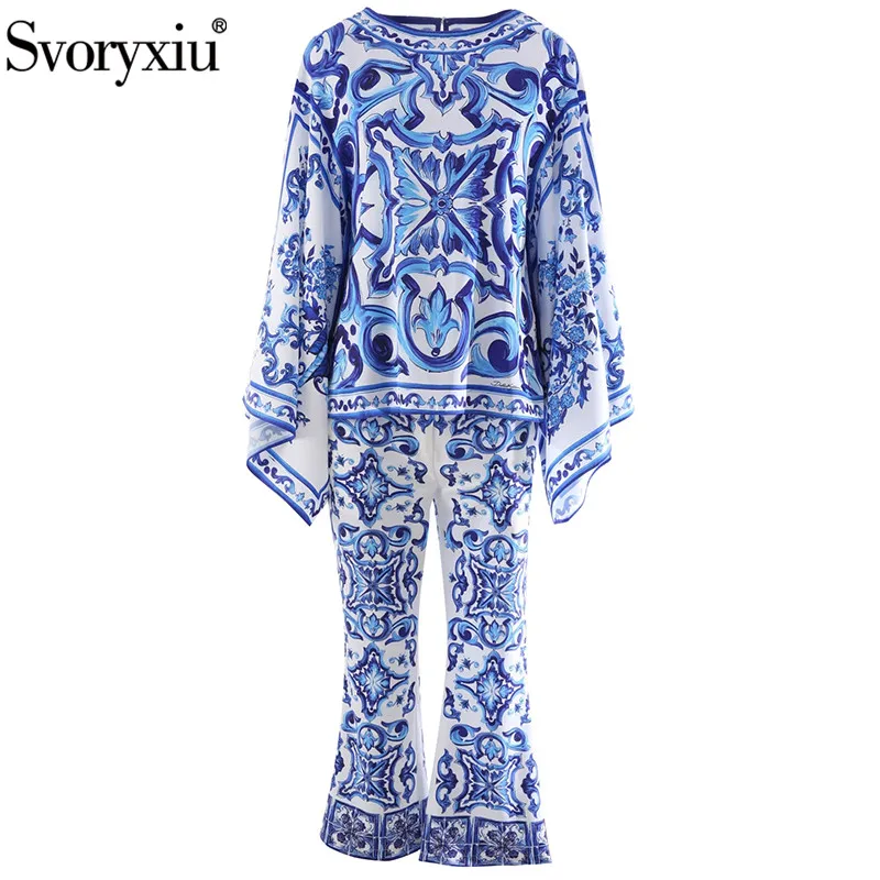 

Svoryxiu Fashion Vintage Blue And White Porcelain Long Pants Suit Women's Batwing Sleeve Straight Slim Top + Elastic Flare Pants