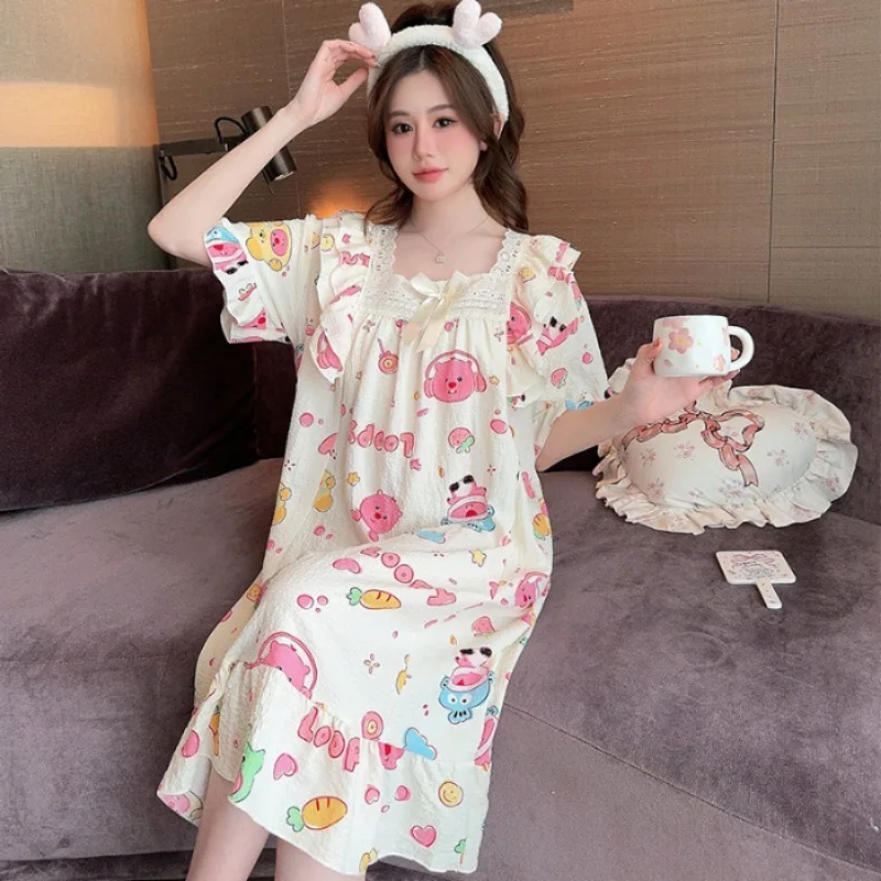 5XL Plus Size Women Loungewear 110kg Short Sleeved Cartoon Print Nightdress Summer Sweet Pajamas Large Size Loose Homewear