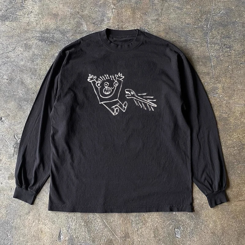 ヘビーウェイト-ピュアコットン-長袖-tシャツ-スカリー-リトル-パーソン-ヴィンテージ風-ユニセックス-快適なフィット感-クラシック-クルーネック-トップ