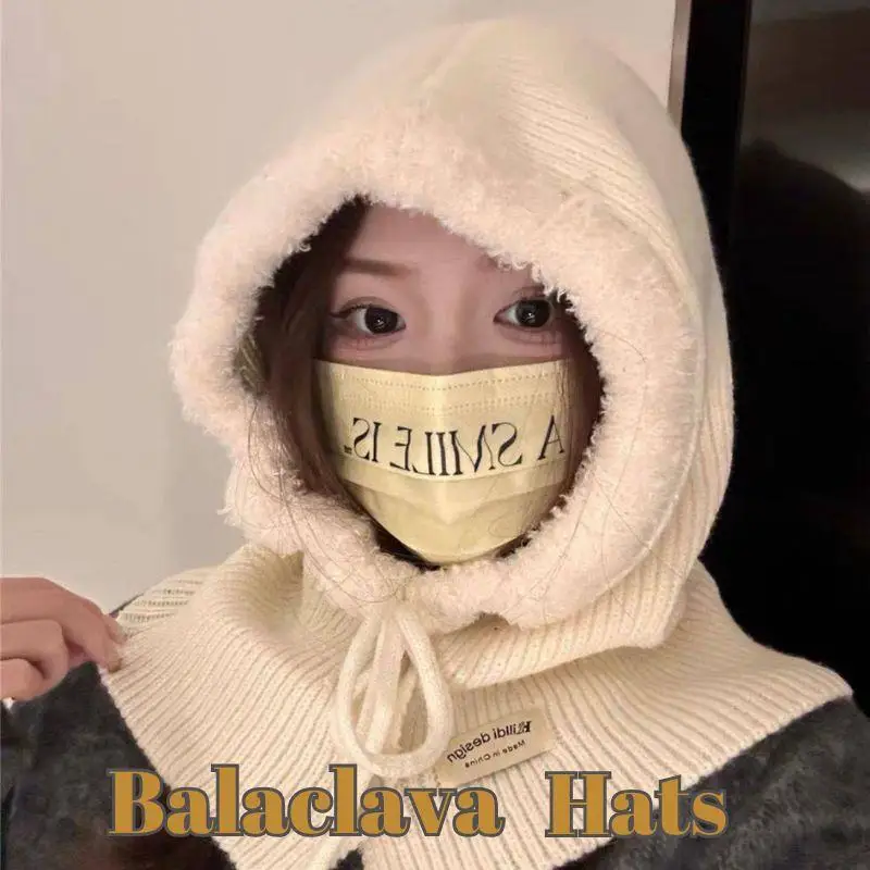 Balaclava Plush Patchwork Button Hood Scarf One Autumn And Winter Neck Guard Laceup Lazy Knitted Hat Pullover Hat Beanies Bonnet