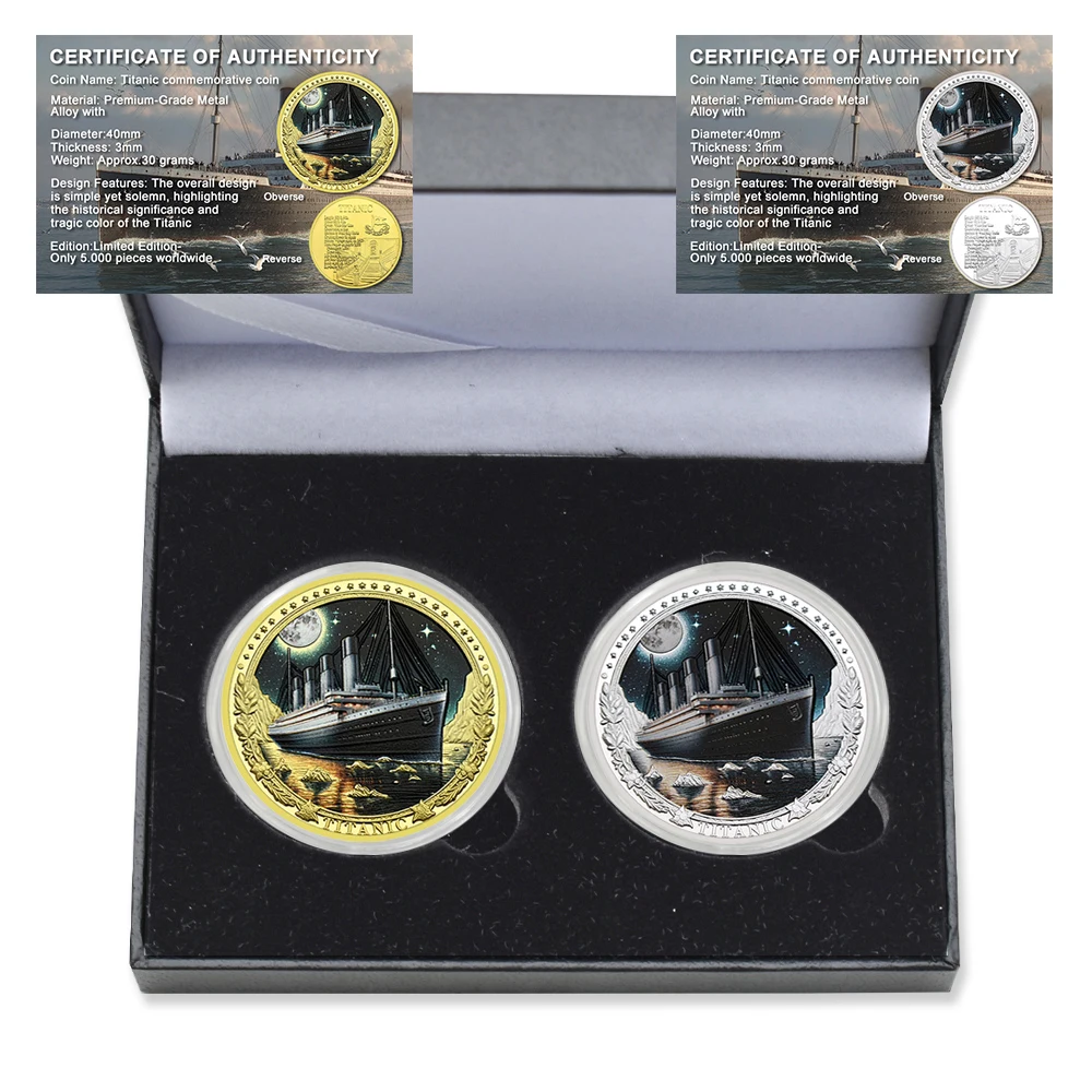 

2pc/Box New British Titanic Communicative Coin RMS Metallic Gold Plated Challenge Coin with Certificate and Gift Box Collectible