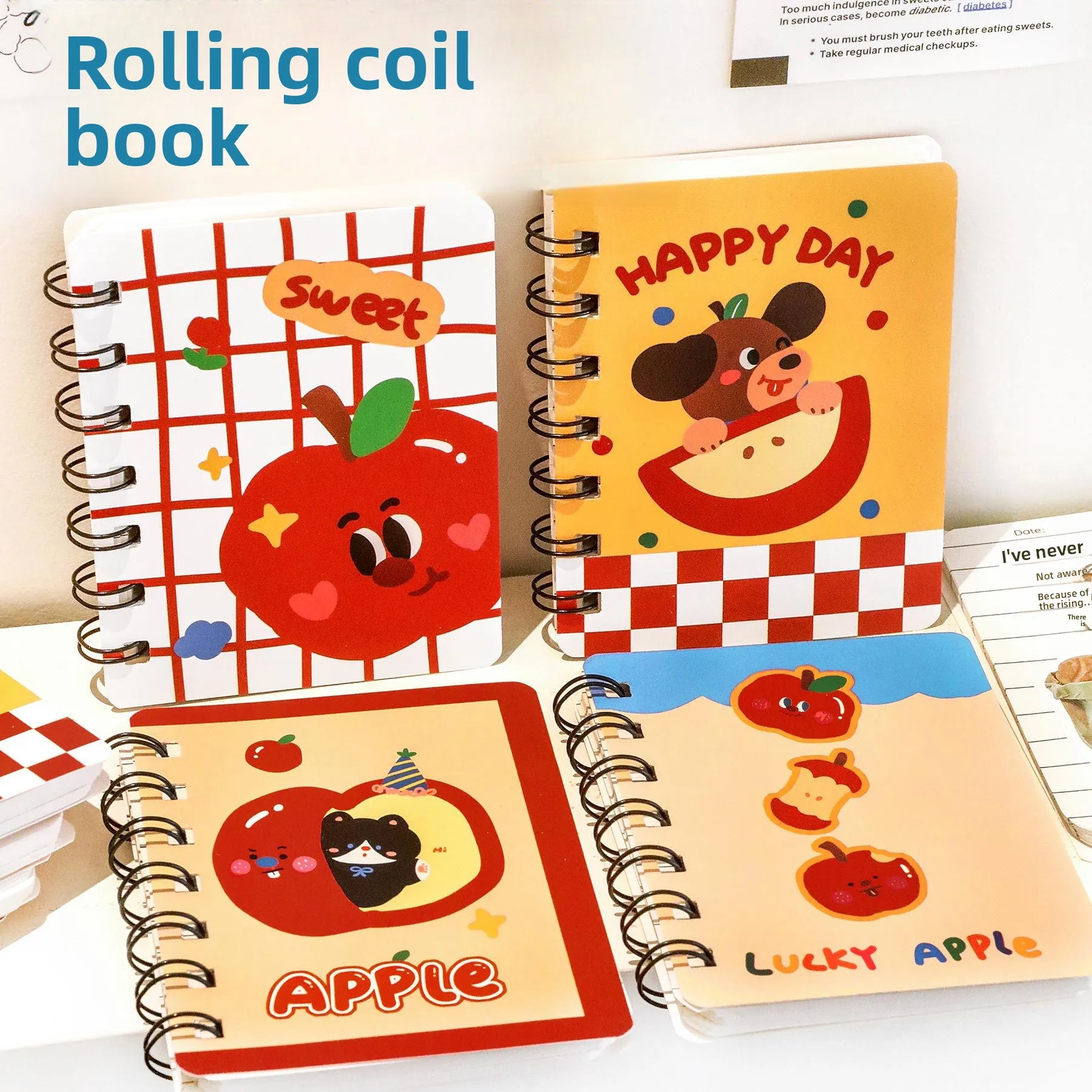 12 Pcs 8.5*10cm 80 Sheets Apple Cat Coil Book A7 Rollover Small Book Student Gift High Value Cute Mini Pocket Book Notebook