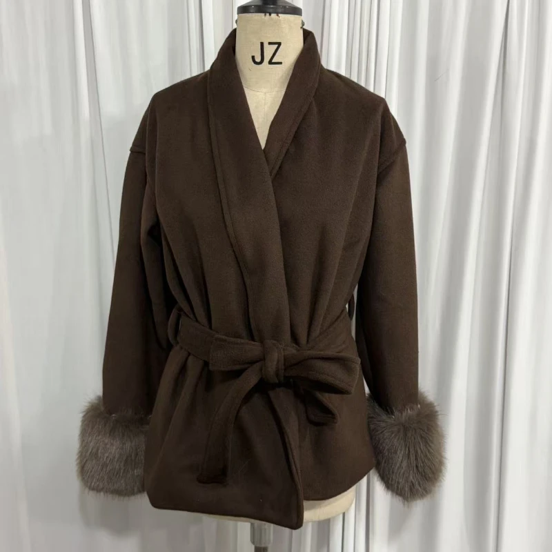 Abrigo Vintage para mujer, novedad de 2025, Otoño Invierno, solapa de felpa con cordones, manga de piel sintética lisa, abrigos abiertos de Tweed, prendas de vestir informales para mujer